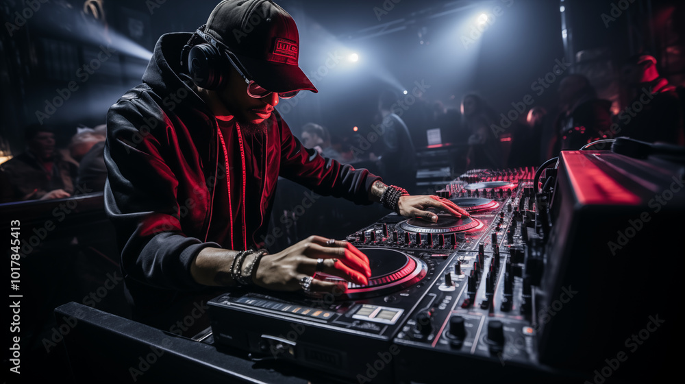 A DJ at the mixing booth with their hands on the turntables, emphasizing the electronic music scene. A DJ at the mixing booth with their hands on the turntables, emphasizing the electronic music scene.