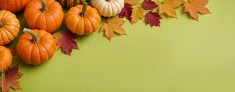 Orange pumpkins and autumn leaves on a flat green background. Concept for Thanksgiving, Harvest Festival or Halloween celebrations. Autumn flat lay for banner with copy space for text. Top view. Orange pumpkins and autumn leaves on a flat green background. Concept for Thanksgiving, Harvest Festival or Halloween celebrations. Autumn flat lay for banner with copy space for text. Top view.