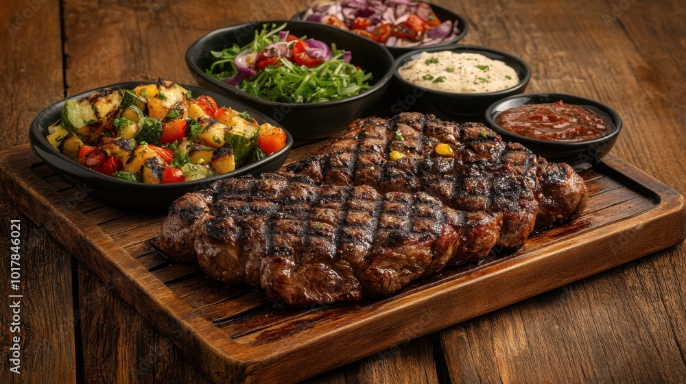 A sumptuous grilled beef set with sides, displayed on an old wooden table, offering a delicious feast with fresh ingredients. A sumptuous grilled beef set with sides, displayed on an old wooden table, offering a delicious feast with fresh ingredients.