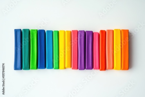 Colorful plasticine bars arranged in a neat row on a clean white surface