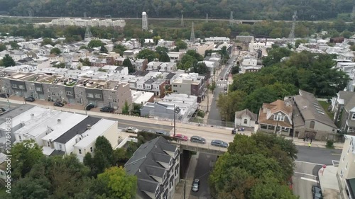 Aerial of row homes and streets in Manayunk Roxborough area of Philadelphia on a clear day photo