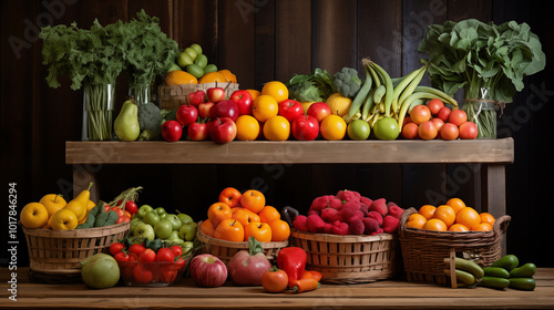 Photos of a vibrant, colorful assortment of farm-fresh fruits and vegetable in rustic baskets or crates, emphasizing their freshness and variety