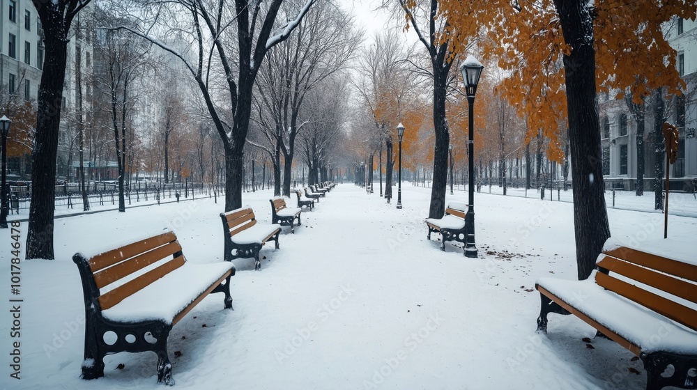 Snow-covered park pathway with rows of empty benches and orange-leaved trees on either side. Lamp posts line the path, and buildings are visible in the background. Snow-covered park pathway with rows of empty benches and orange-leaved trees on either side. Lamp posts line the path, and buildings are visible in the background.