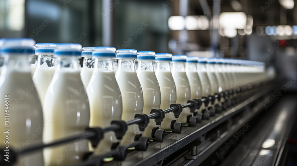 Bottles of milk on a conveyor belt in a factory Bottles of milk on a conveyor belt in a factory