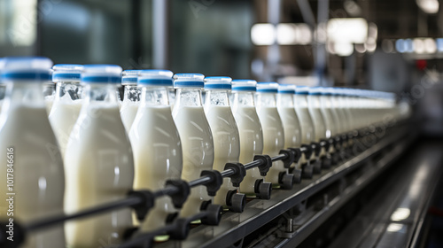 Bottles of milk on a conveyor belt in a factory