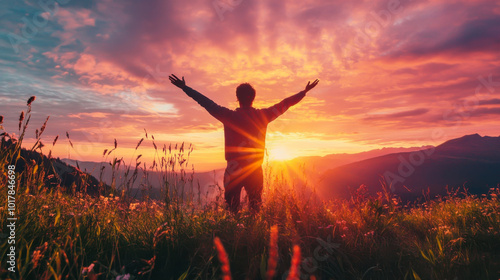 A person stands in a meadow at sunset, arms wide open, embracing nature's beauty in a serene landscape with hills in the background