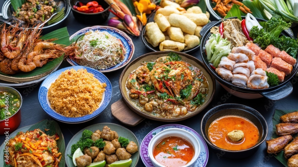 A vibrant scene of Thai street food stalls, with colorful dishes being served in a lively market, highlighting a rich culinary tradition. A vibrant scene of Thai street food stalls, with colorful dishes being served in a lively market, highlighting a rich culinary tradition.