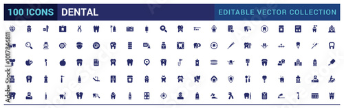 Dental solid icon set. Related to tooth, dentist, toothpaste and more. Glyph icon collection for web and ui. Filled icons pack, Vector illustration. Editable and pixel perfect.