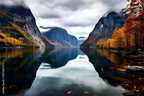 mirror like fjord a fjord reflects towering cliffs and autumn co photo