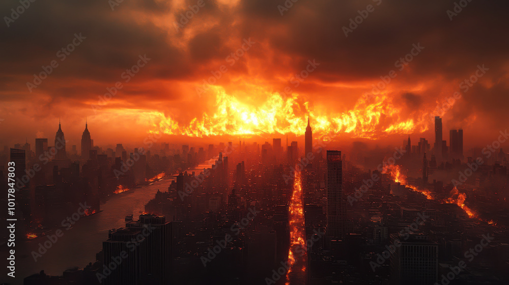 Dramatic skyline view of a city engulfed in orange and red hues during a fiery sunset, showcasing towering buildings and a moody atmosphere Dramatic skyline view of a city engulfed in orange and red hues during a fiery sunset, showcasing towering buildings and a moody atmosphere