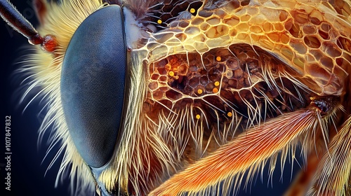 Close-up of a bee's eye, hairs, and honeycomb-like structure