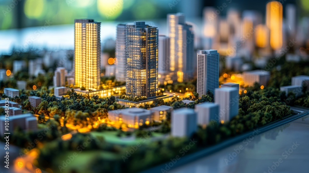 Naklejka premium A detailed architectural model of a modern cityscape illuminated at night, featuring skyscrapers, greenery, and urban planning elements.