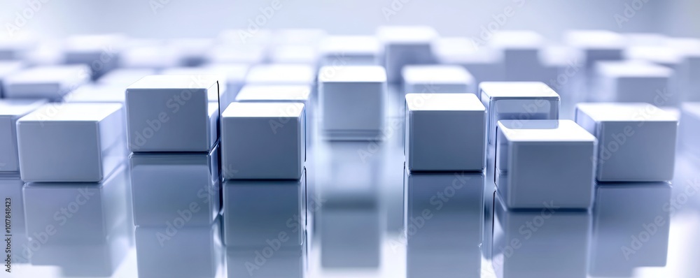 Fototapeta premium A collection of white cubes arranged in a reflective surface, creating a modern aesthetic.