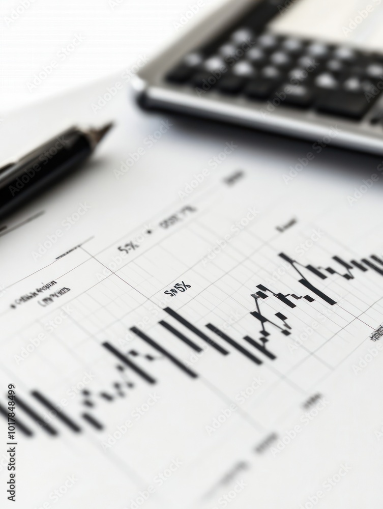 A financial document with graphs, a calculator, and a pen, indicating data analysis. A financial document with graphs, a calculator, and a pen, indicating data analysis.