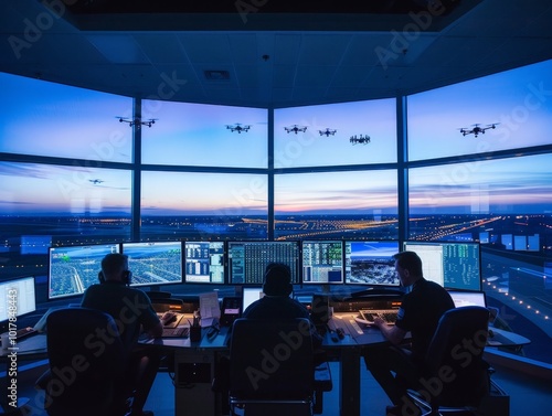 Air Traffic Control Tower with Drone Activity photo