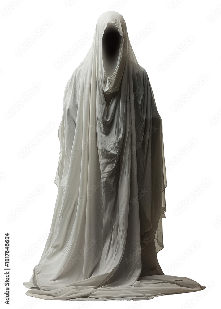 The robe is white and has a hood, giving the impression of a ghostly figure The robe is white and has a hood, giving the impression of a ghostly figure