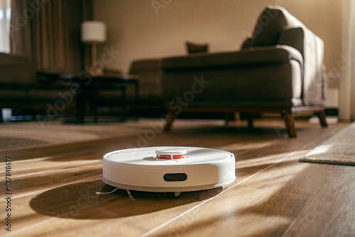 Cuadro en lienzo Robot vacuum cleaner vacuuming dust from a floor at home.