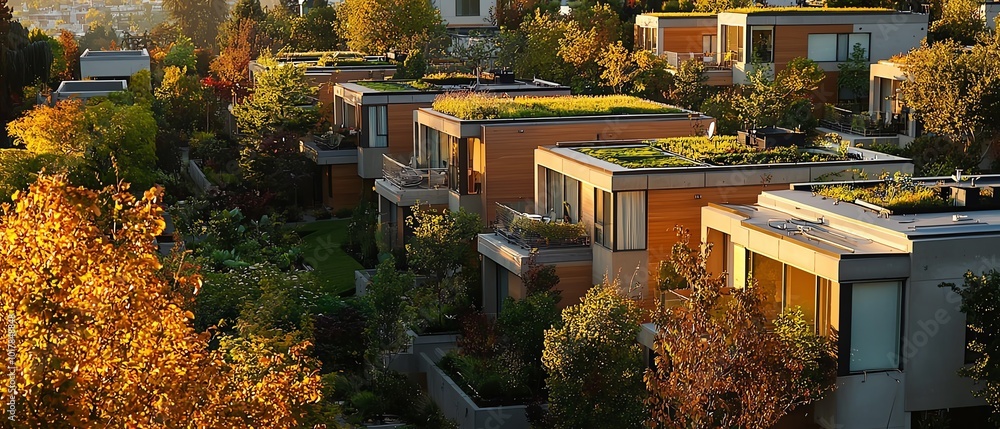 View of Sustainable residential area, net-zero energy homes with green roofs ...
