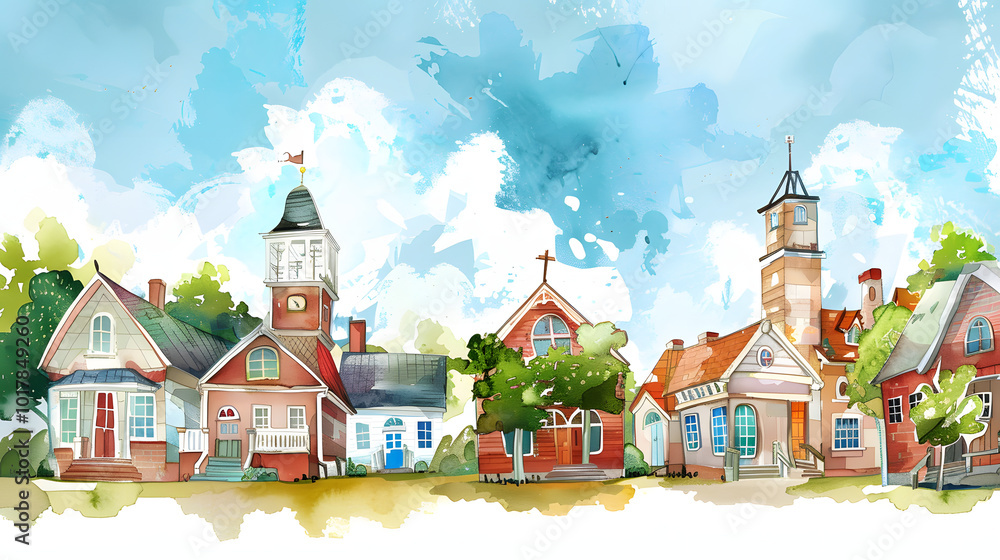 Obraz premium School house village buildings Watercolor