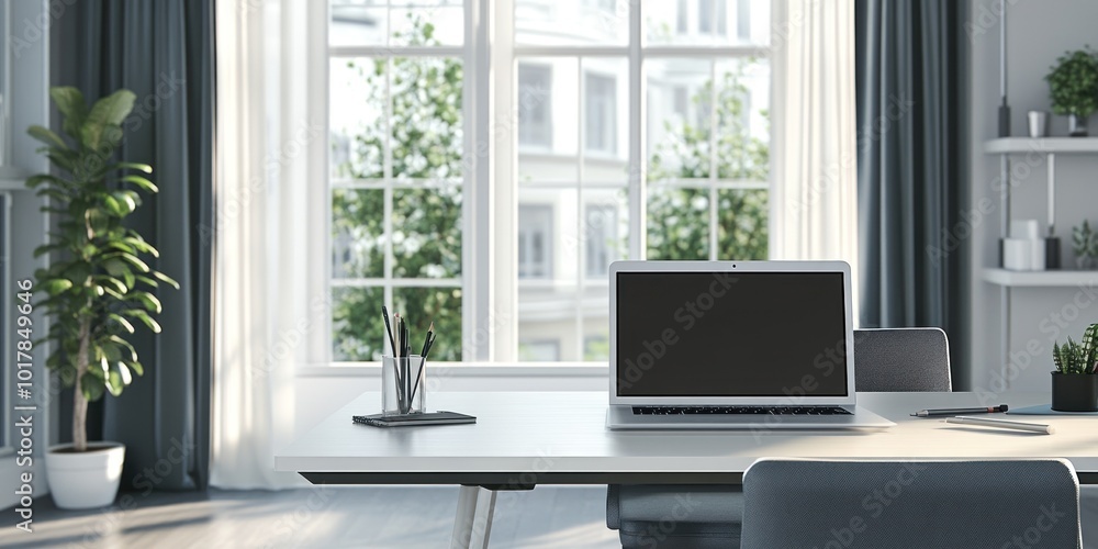 Modern office space with a desk, laptop, and a view of greenery through large windows. Modern office space with a desk, laptop, and a view of greenery through large windows.
