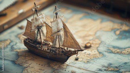 An intricate model of a sailing ship on a vintage world map, perfect for exploration and adventure-themed concepts.