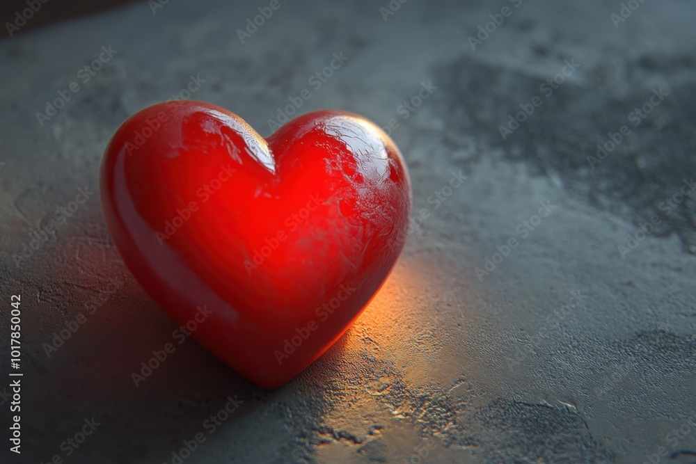 A glowing red heart casting a warm light on a textured surface A glowing red heart casting a warm light on a textured surface