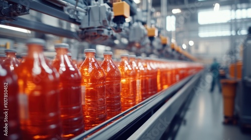 Beverage bottling line in action, with plastic bottles moving in a clean, light factory, reflecting high-tech production and precision.