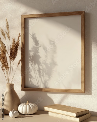Elegant neutral poster mockup with wooden picture frame on beige table featuring vase with dry grass old books and little white pumpkins against empty wall background in Scandinavian interior sett