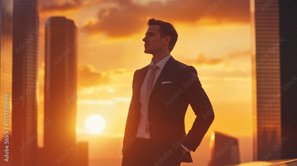A charismatic man in a stylish suit confidently walking through a modern cityscape during sunset A charismatic man in a stylish suit confidently walking through a modern cityscape during sunset