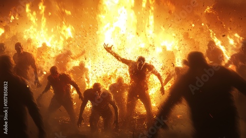 Surviving the Apocalypse: Survivor Throwing Molotov Cocktail at Zombies in Intense Night Scene with Cinematic Lighting