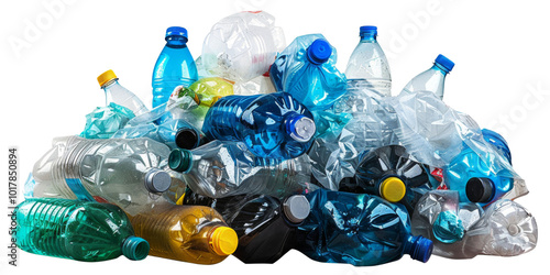 A pile of plastic bottles and bags on a white background