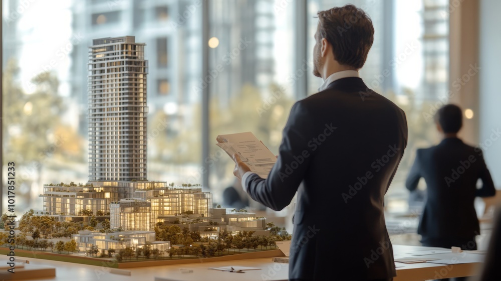 A businessman analyzes a scaled building model in an architectural office, showcasing a modern design and urban planning focus. A businessman analyzes a scaled building model in an architectural office, showcasing a modern design and urban planning focus.