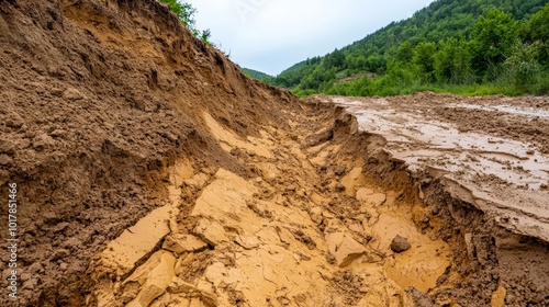 Erosion patterns in soil along a hillside, showcasing natural landscape changes. photo