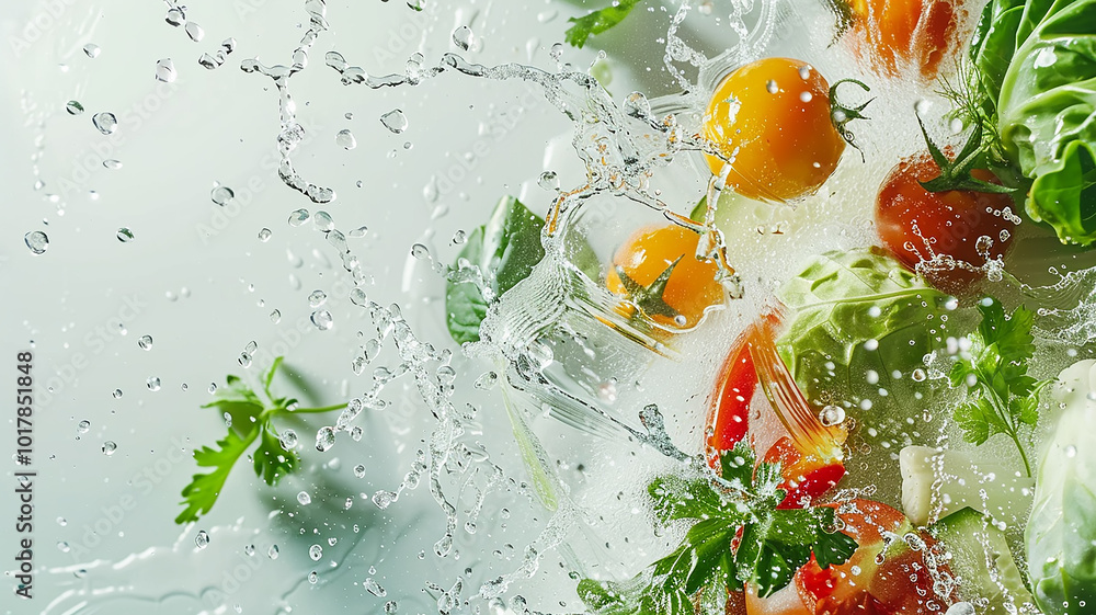 Ripe bright vegetables in a splash of water close-up, dynamic image Ripe bright vegetables in a splash of water close-up, dynamic image