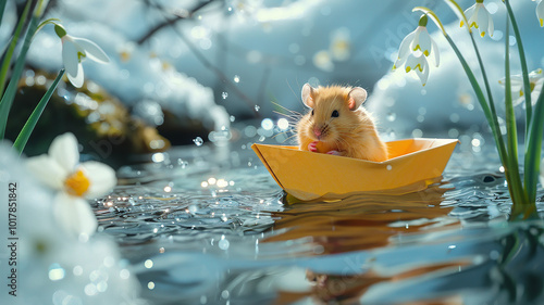 A funny hamster floats down the river on a paper boat in early spring among snow and snowdrops