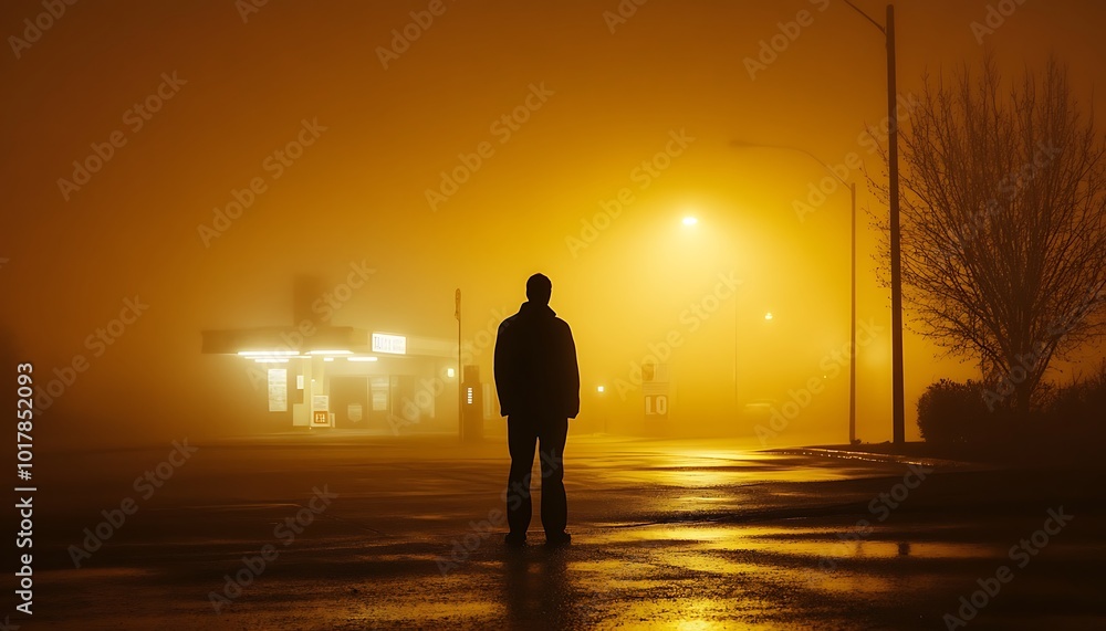 A man standing in the fog at night A man standing in the fog at night