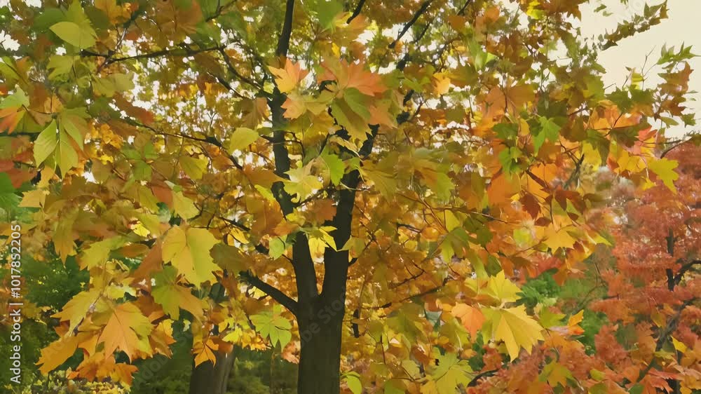 Shifting leaves signal the transition from summer to autumn, gently swaying in the soft breeze under calm lighting. Shifting leaves signal the transition from summer to autumn, gently swaying in the soft breeze under calm lighting.