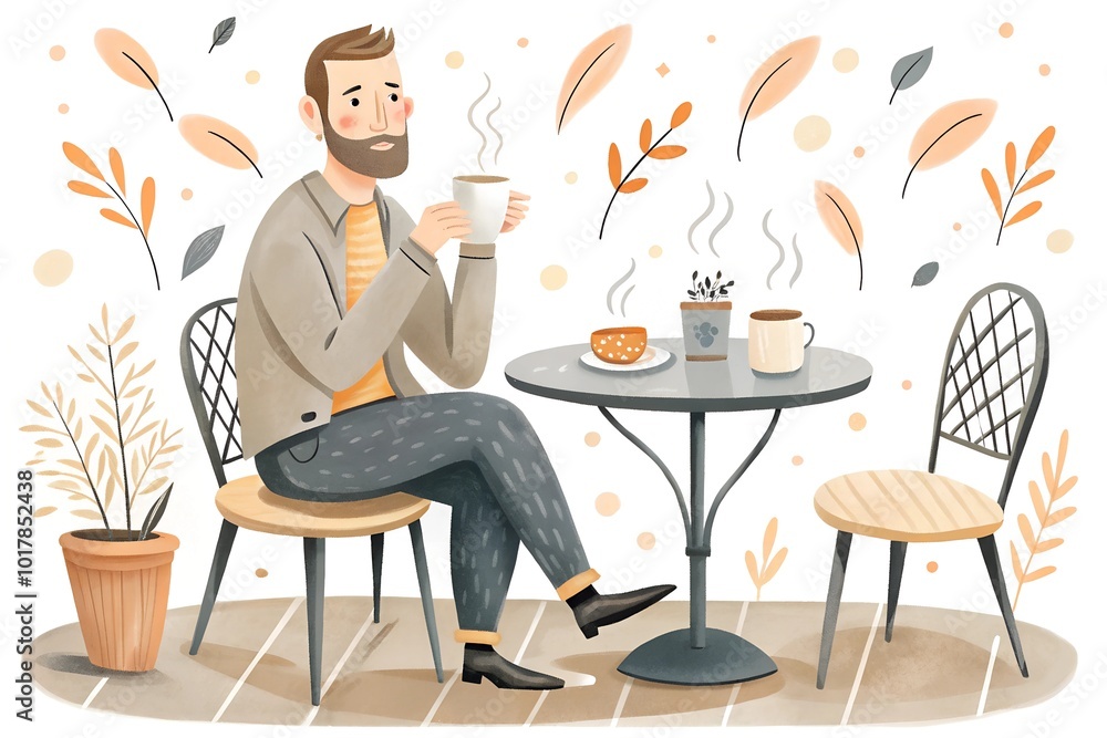 Man enjoying coffee at cafe illustration with warm autumn tones Man enjoying coffee at cafe illustration with warm autumn tones