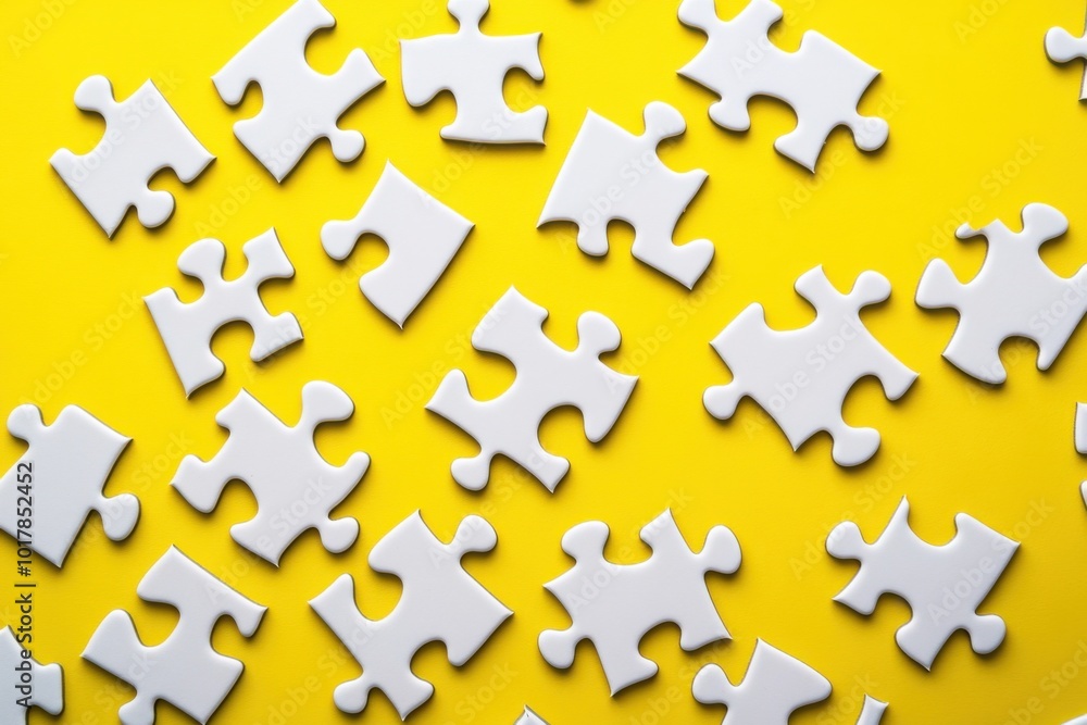 A collection of scattered white puzzle pieces on a vibrant yellow background for creative projects A collection of scattered white puzzle pieces on a vibrant yellow background for creative projects