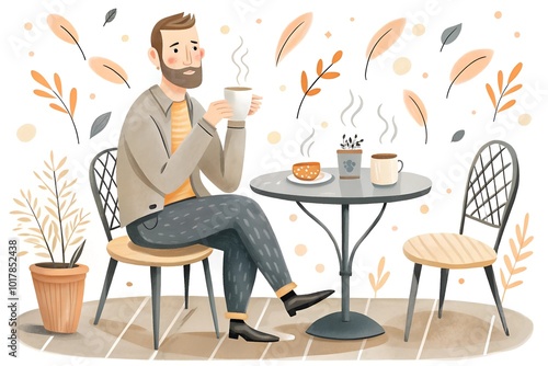 Man enjoying coffee at cafe illustration with warm autumn tones