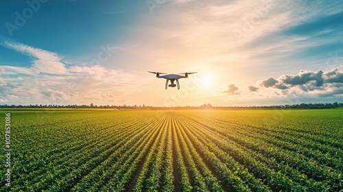 A drone flying over a vast field of crops, capturing real-time data on plant health and growth, with the horizon and sky in the background Close-up photo with clean background