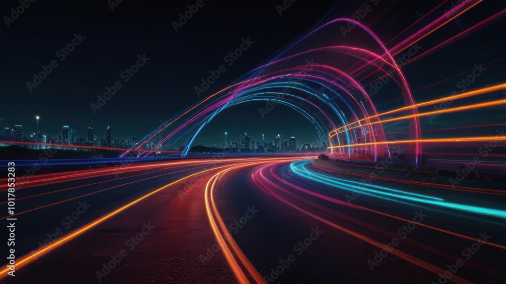 A winding road with colorful light trails leading toward a city skyline at night. A winding road with colorful light trails leading toward a city skyline at night.