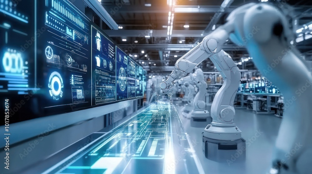 A modern factory floor with advanced robotics and automated machinery, engineers overseeing production processes, digital screens displaying data analytics, A modern factory floor with advanced robotics and automated machinery, engineers overseeing production processes, digital screens displaying data analytics,