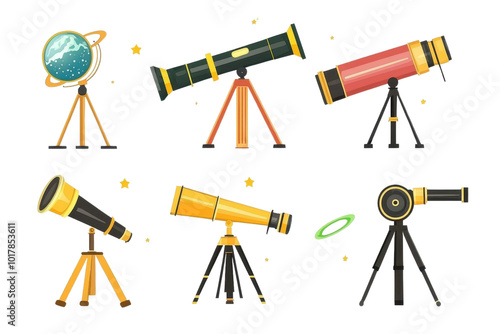 Set of colorful telescopes and globes on stands with stars. Perfect for astronomy enthusiasts and educational purposes. photo