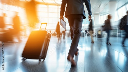 A professional walking through an airport terminal with a rolling suitcase and boarding pass in hand, business attire, blurred motion of other travelers in the background, 