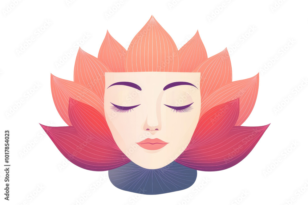 Serene illustration of a woman's face enveloped by a vibrant lotus, symbolizing harmony and inner peace in abstract art style. Serene illustration of a woman's face enveloped by a vibrant lotus, symbolizing harmony and inner peace in abstract art style.