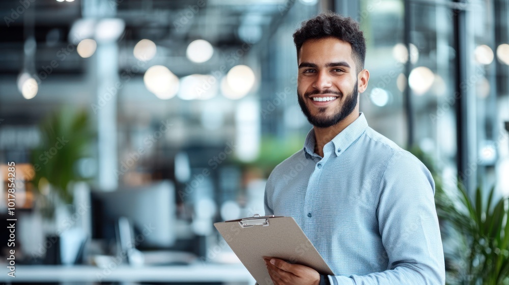 Obraz premium A smiling worker in a modern office setting, holding a clipboard while standing near a desk with a computer Close-up photo with clean background
