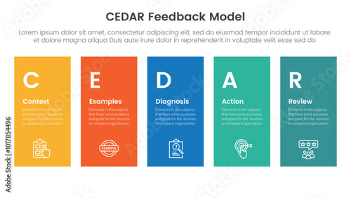 CEDAR feedback model infographic template banner with height rectangle shape balance with 5 point list information for slide presentation