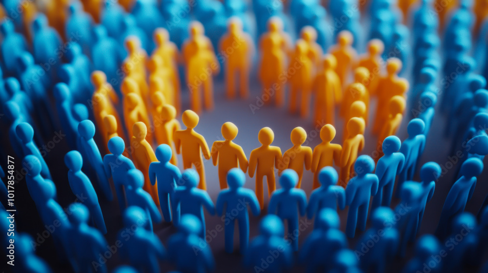 Obraz premium Blue and yellow figures standing in unity, forming a circle at a community event on a sunny afternoon