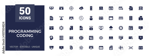 Coding and programming solid icons set. software development icons, filled icon collection, glyph for web and ui. Vector illustration. Editable and pixel perfect.